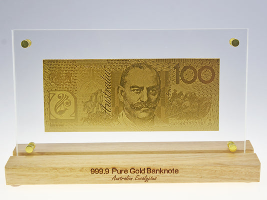 GOLD $100 BANK NOTE - WOODEN BASE