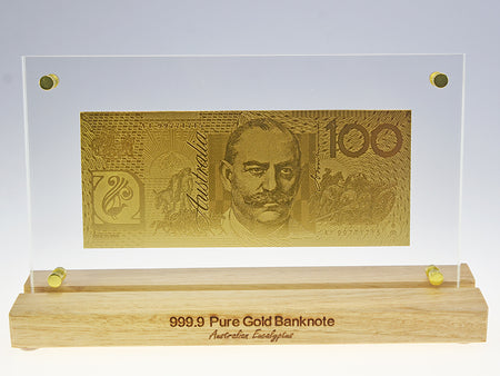 24ct Gold Australian $100 Bank Note on Australian Eucalyptus base